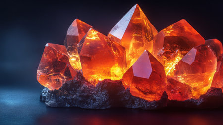Beautiful glowing orange gemstones arranged on dark surface highlighting their brillianceの素材