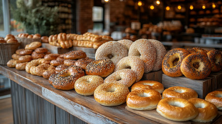 Assorted fresh bagels displayed in a bakery with warm lighting and wooden accents. Generative AIの素材