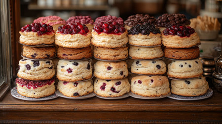 Baked goods display with assorted fruit-topped scones at a bakery in a bustling market. Generative AIの素材