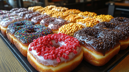 Delicious variety of colorful donuts displayed on a tray in a bakery setting. Generative AIの素材