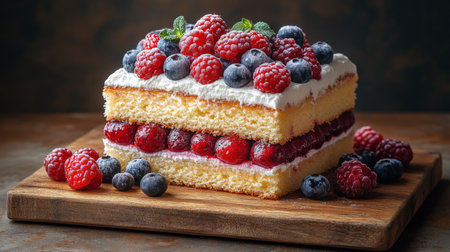 Delicious layered dessert topped with fresh berries on a wooden serving board in soft light. Generative AIの素材