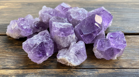Sparkling amethyst gemstones on rustic wooden background shine brightly in natural lightの素材