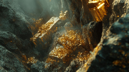 Glistening gemstones and minerals in a rocky landscape illuminated by soft lightの素材