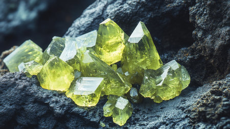 Vibrant yellow gemstones resting on a rocky surface with intricate texturesの素材