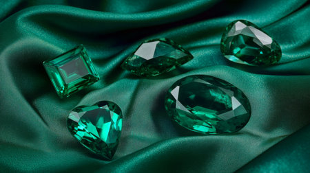 Vibrant green gemstones arranged elegantly on soft fabric for stunning visual displayの素材