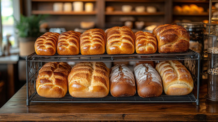 Freshly baked bread loaves displayed on a rustic wooden table in a cozy bakery just before the morning rush. Generative AIの素材