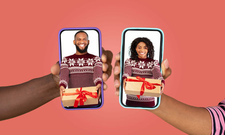 Couple sharing love through phone messages with gift exchange concept