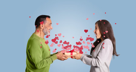 Couple sharing a heartfelt gift on St Valentines Day with joy and love