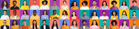 Diverse people smiling in a colorful collage representing unity and happinessの写真素材
