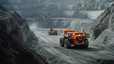 Heavy machinery operates in a gemstone mining site under cloudy skiesの素材