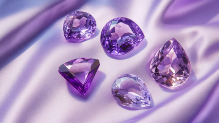 Beautiful assortment of purple gemstones displayed on soft fabric in a well-lit settingの素材
