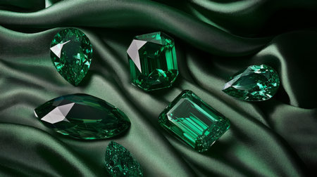 A beautiful arrangement of sparkling green gemstones rests on deep green fabricの素材