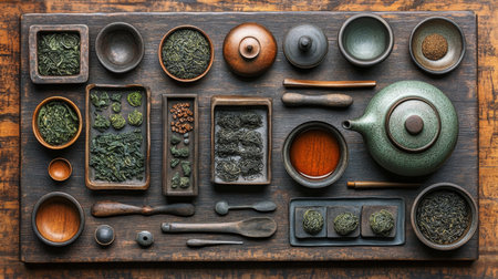 Assortment of natural teas and tools on a wooden table showcasing a serene tea preparation setup. Generative AIの素材