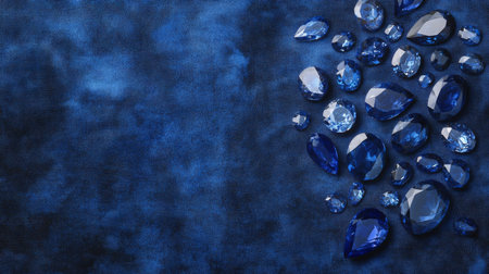 Discovering the beauty of sapphires and gemstones on a rich blue fabric backdropの素材