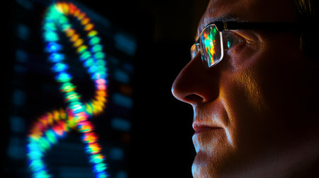 Scientist analyzes biocomputer data in a high-tech lab environmentの素材