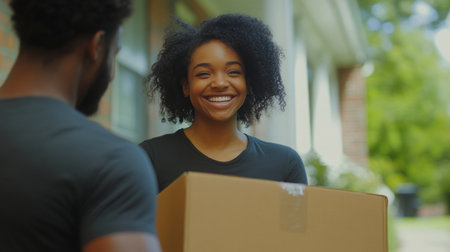 Smiling woman receiving parcel at her home with man delivering it in a sunny neighborhoodの素材
