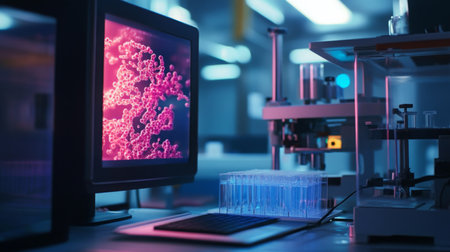 Advanced bioinformatics workstation displaying molecular structures in a modern labの素材