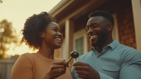 Happy couple celebrating their new home with house keys at sunsetの素材