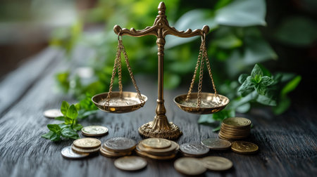 Balancing justice and finance with scales and coins on a wooden surface surrounded by greenery. Generative AIの素材