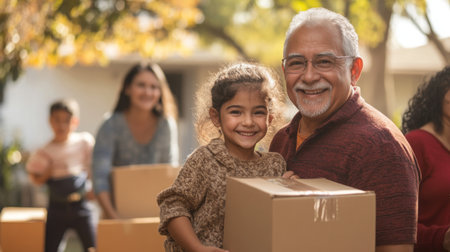 Family togetherness during house relocation on sunny afternoon in residential neighborhoodの素材