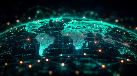 Visual representation of global connectivity with abstract network design at night. Generative AIの素材