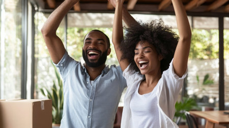 Celebrating a successful home purchase with joy and excitement in a stylish living spaceの素材