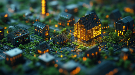 Illuminated miniature houses create a vibrant urban landscape at nighttime. Generative AIの素材