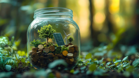 Saving nature through sustainable energy solutions in a jar under sunlight. Generative AIの素材