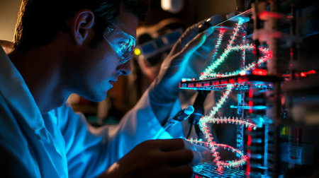 Expert working on AI bio-computer integration in a laboratory setting at nightの素材