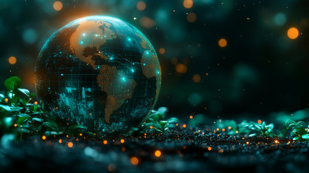 Digital representation of Earth with glowing elements surrounded by plants and sparkles in a dark setting. Generative AIの素材