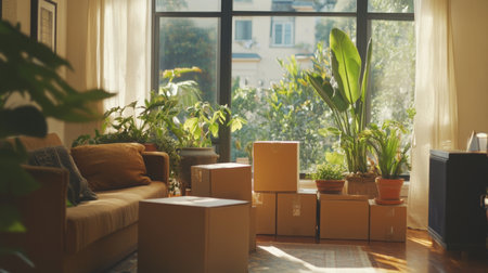 Cozy living room with plants and moving boxes during the day in a residential areaの素材