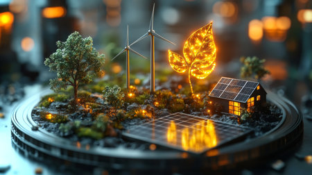 Eco-friendly miniature landscape with solar panels, wind turbines, and glowing foliage at sunset. Generative AIの素材