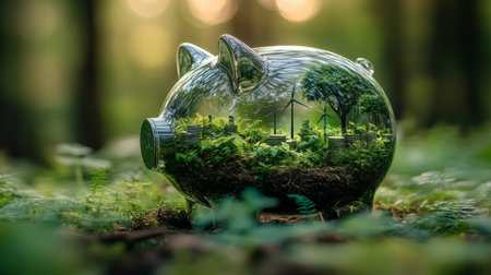 Piggy bank symbolizes green energy and sustainability with forest backdrop showcasing renewable resources. Generative AIの素材