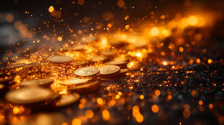 Glittering coins surrounded by shimmering particles create a mesmerizing display of wealth and prosperity. Generative AIの素材