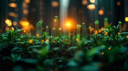Cityscape of digital growth emerging from lush greenery in a futuristic landscape at sunset. Generative AIの素材