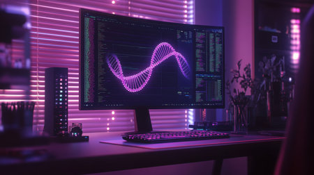 Computer setup showcasing bioinformatics data and AI algorithms in a dimly lit roomの素材