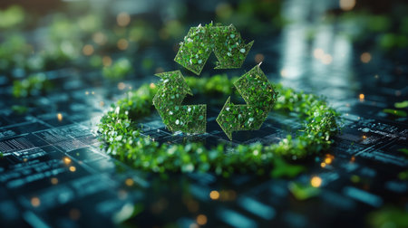 Green recycling symbol surrounded by lush plants on a futuristic digital background. Generative AIの素材