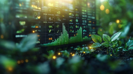 Data analytics on plant growth at a sustainable garden during late afternoon light. Generative AIの素材