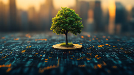 Tree growing on a coin symbolizing the union of nature and technology in an urban landscape at sunset. Generative AIの素材