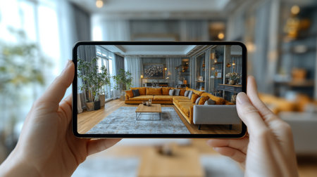 Capturing a beautifully designed modern living room with vibrant sofas and natural light streaming in. Generative AIの素材