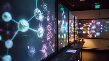 Visualization of artificial intelligence and biotechnology in a modern research facilityの素材