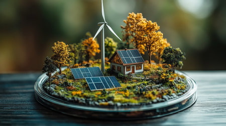 Model of sustainable living with wind turbine and solar panels in a natural setting. Generative AIの素材