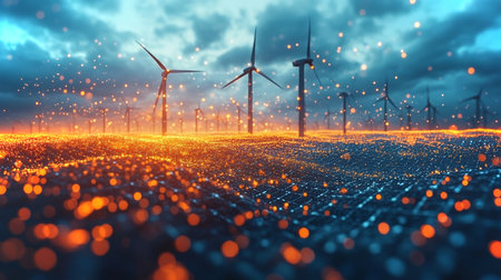 Wind turbines generate renewable energy at sunset over a shimmering ocean of orange and blue colors. Generative AIの素材