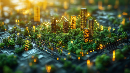 Urban skyline merges with lush greenery at sunset showcasing sustainable city development concepts. Generative AIの素材