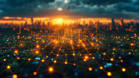 Sunset over a futuristic cityscape with digital connections illuminating the skyline and landscape. Generative AIの素材
