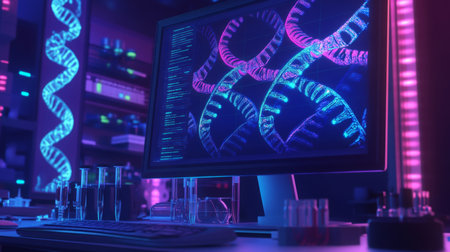 A computer screen displays dynamic graphics of DNA strands, highlighted in vivid colorsの素材