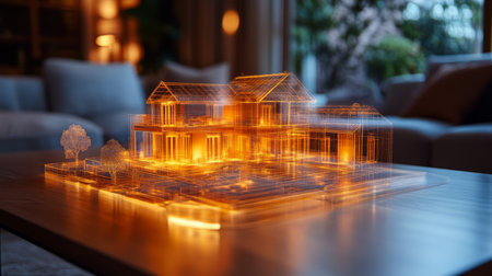 Building design concept displayed with glowing 3D model on table in modern living room during evening light. Generative AIの素材