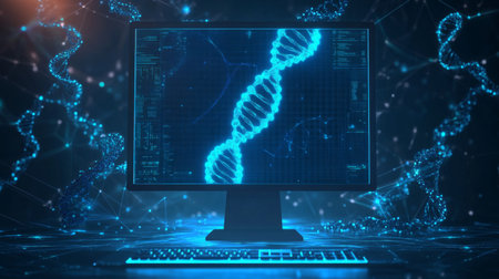 Advancements in AI and bioinformatics showcased on computer screen with DNA visualizationの素材