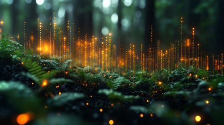 Forest undergrowth illuminated by glowing particles creating a magical ambiance in nature during dusk. Generative AIの素材