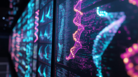 Vibrant visualization of AI-driven bio data analysis in a computer lab environmentの素材